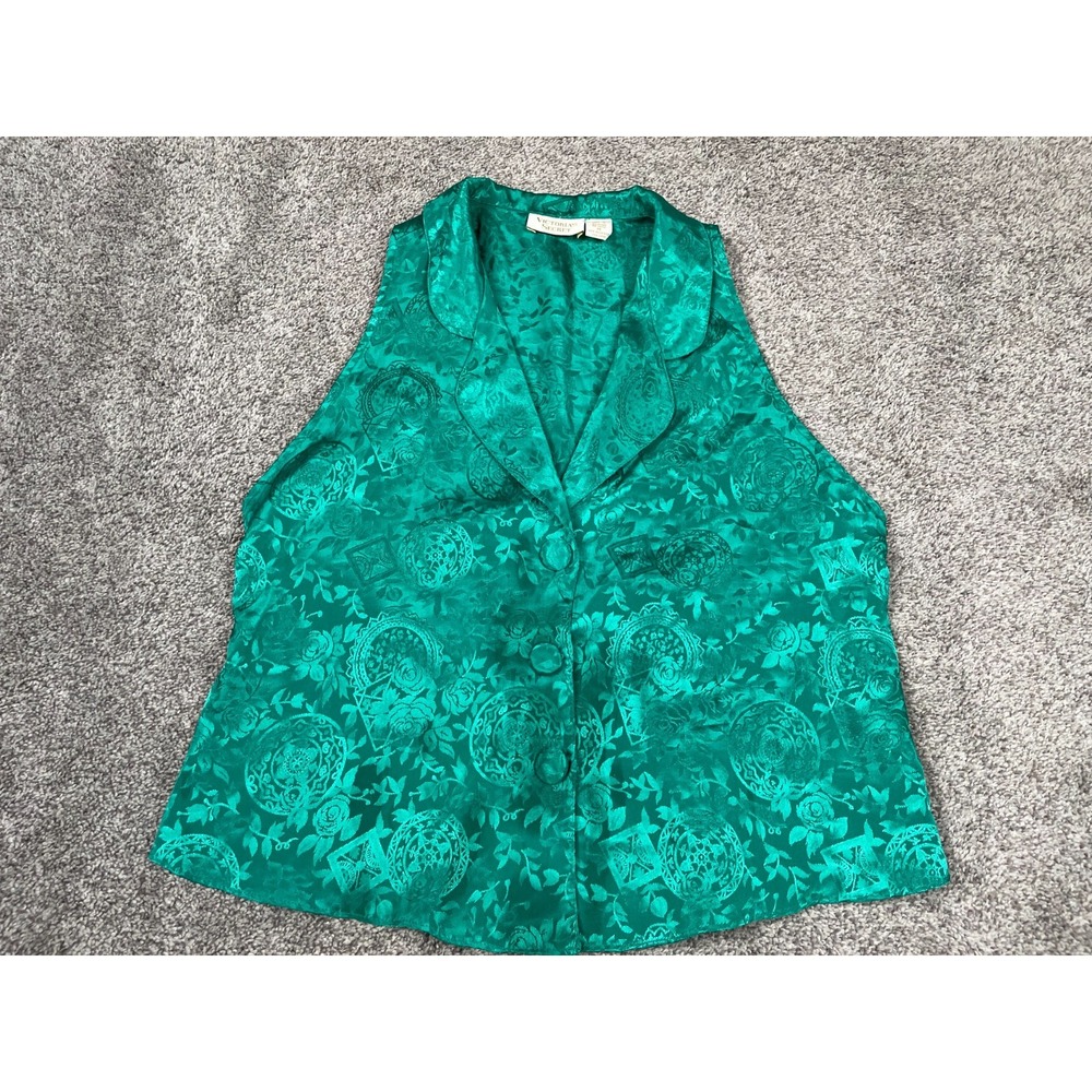 Vintage Victorias Secret Shirt Womens Medium Green Satin Floral Vest Tank Boho